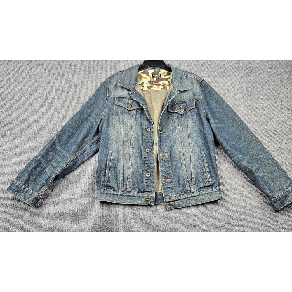 Carbon Mens Denim Trucker Jacket XL Blue Camo Lined Cotton Blend